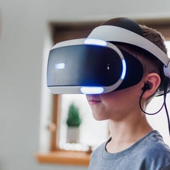 Young boy wearing a VR headset immersed in a virtual reality experience at home.